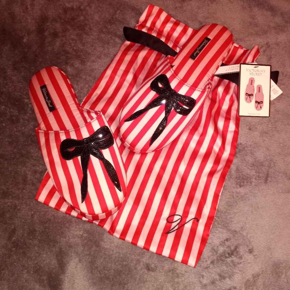 NWT Size 7/8 Victoria's Secret Iconic Red & Pink Strips W/ Sparkly Bow Slippers - Picture 12 of 16